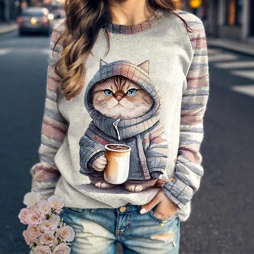 2025 Autumn/Winter Women's Hoodie Fashion Trend Sports Shirt Cartoon Cat 3D Printed Loose Casual Long Sleeve T-shirt Quick Deliv