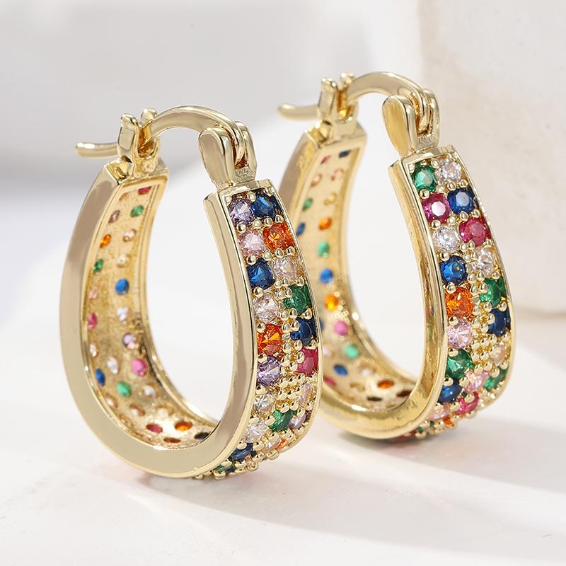 Vintage Copper Material Inlaid Colored Synthetic Zircon Hoop Earrings Women Exquisite Bohemian Style Banquet Jewelry Accessories