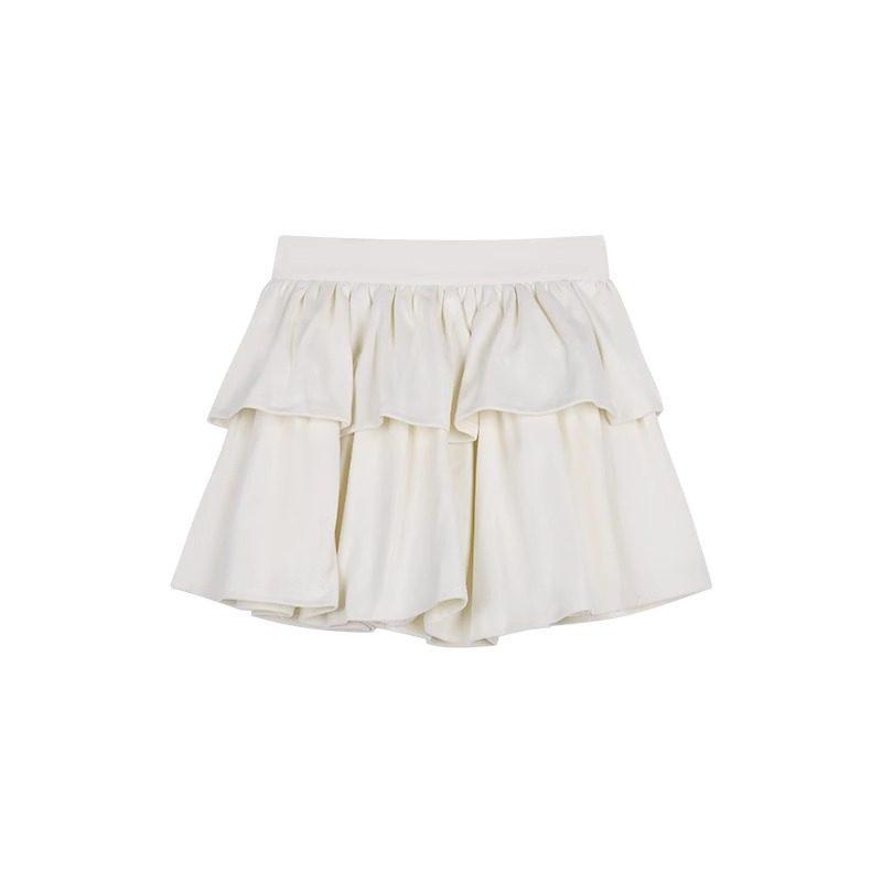 Women s High-Waisted White Wool Plaid Ruffle Skirt - A-Line, Fluffy Autumn Style, Anti-Exposure. M