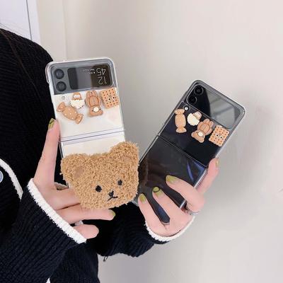 Korean Bear Case For Samsung Zflip 3 5g Cartoon Cute Phone Holder Case For Galaxy Z Flip 3 Zflip 4 Kawaii Ultra -Thin Cover Zflip