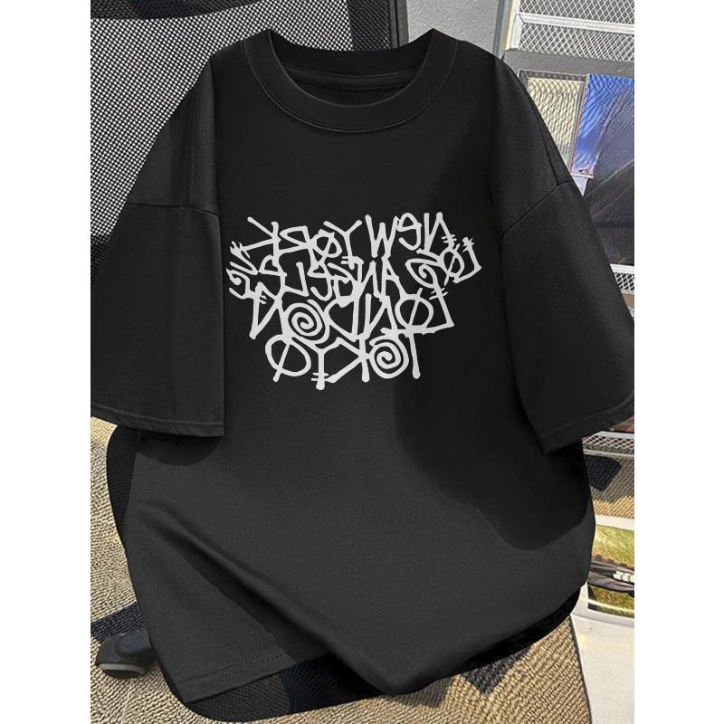 European sizes Cotton T-shirt, Men s Top - Abstract Letter Print Pattern | Men s Pattern Print T-shirt | Nostalgia S чёрный