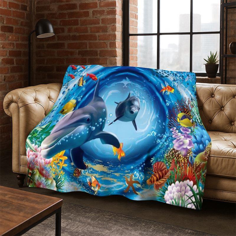 3D Illusion Underwater World Marine Life Shark Dolphin Cartoon Flannel Blanket Throw Blanket for Bedroom Living Room Bed Travel