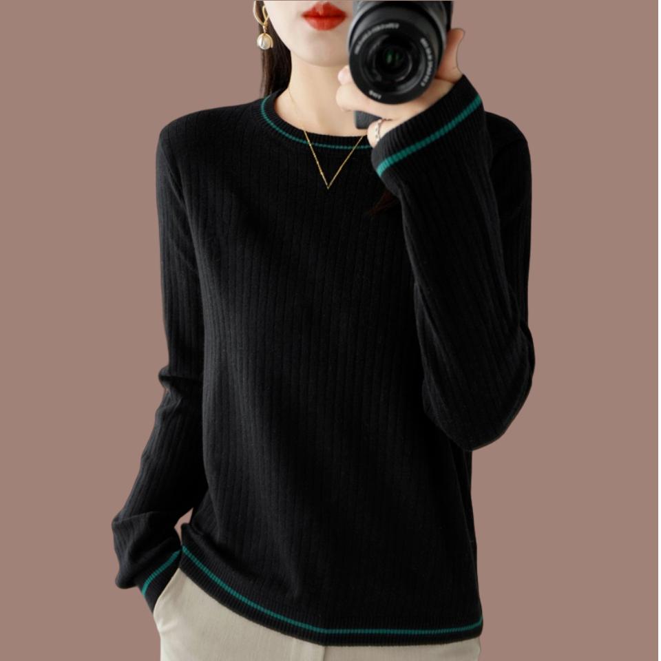 

Женский свитер с круглым вырезом в стиле колор-блок, свободный пуловер большого размера в корейском стиле для осени и зимы, универсальный полосатый вязаный свитер 2XL чёрный