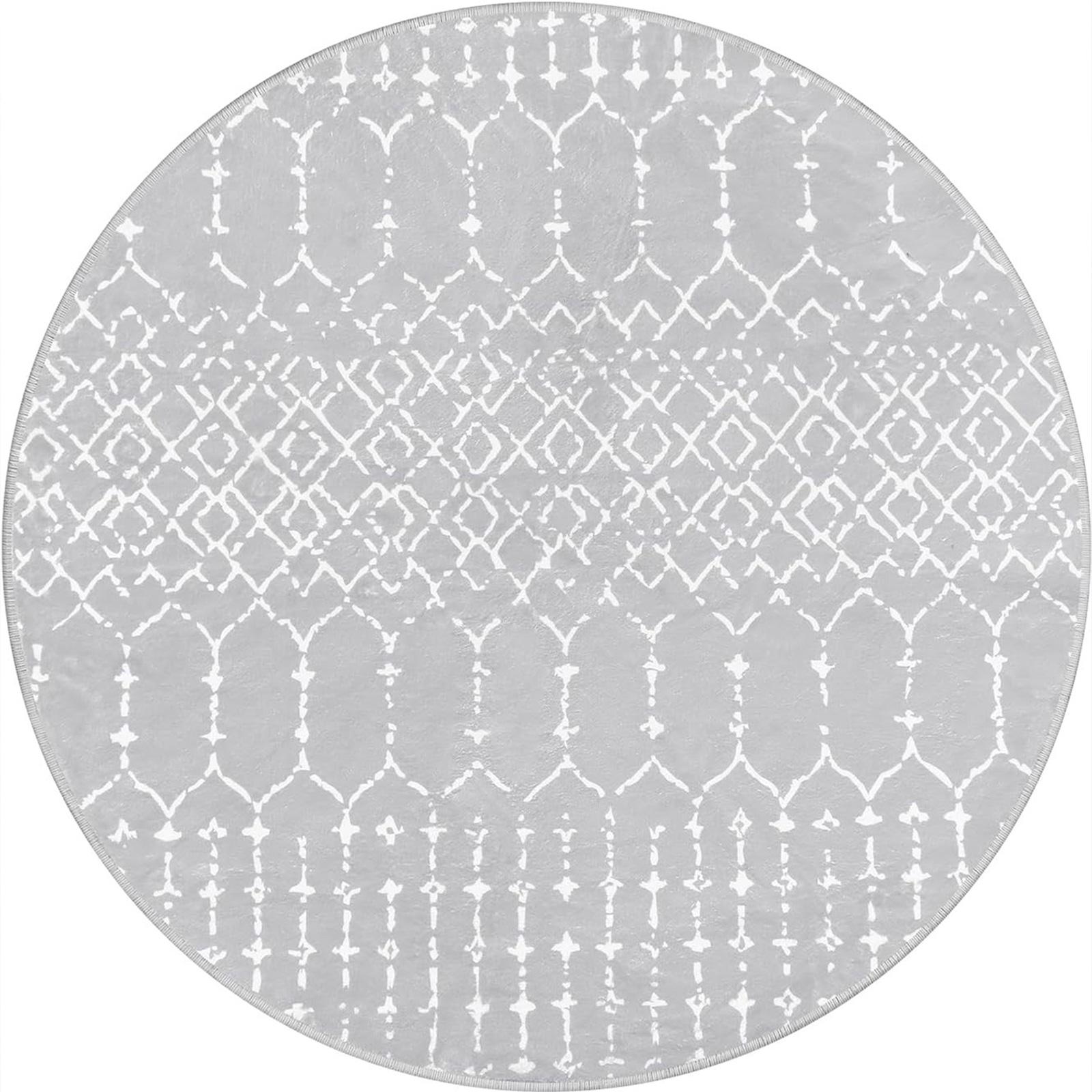 

Modern Geometric Round Rug Crisp White Diamond & Line Motif on Light Gray, Minimalist Contemporary Carpet for Living Room,Decor 80cm