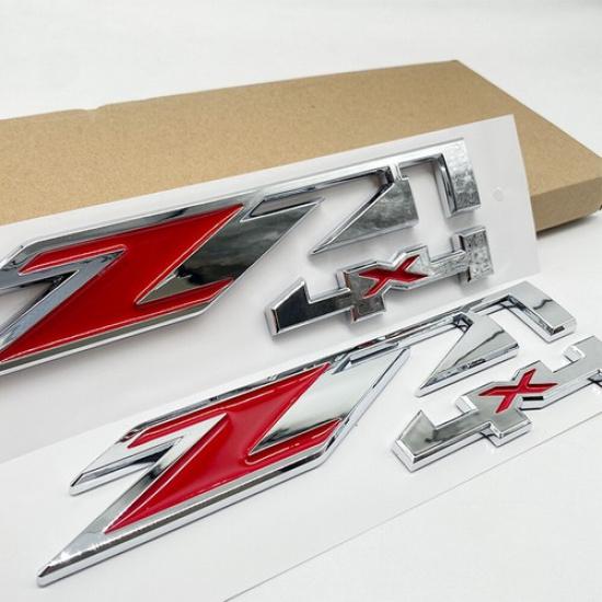 2X  For Silverado Sierra 3D Z71 4x4 Emblems Fender Door Side Badges Chrome Red