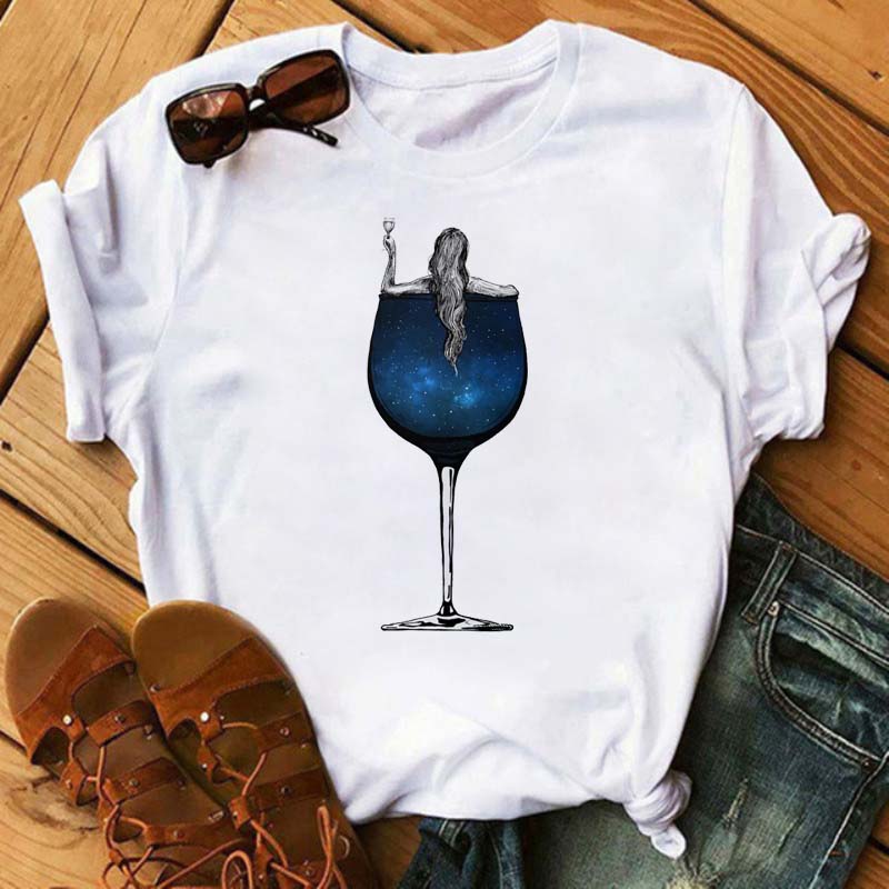 New Women T-Shirt Casual Short Sleeve T Shirt Women's Fashion Rose Red Wine Glass Printed Black T-Shirt Female Tops Tees