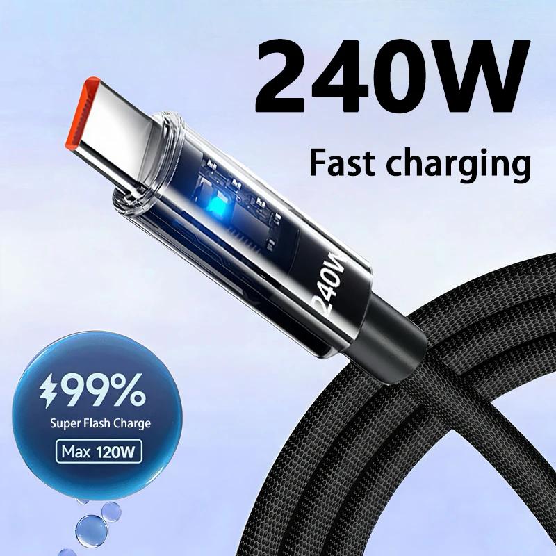 240W Nylon Cable USB Type C Super Fast Charging Cable For Samsung Xiaomi Huawei Honor LED Digital Display Fast Charger Data Cord