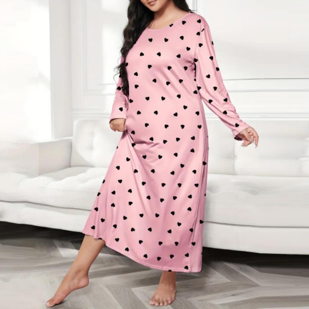 Women's Fashionable Plus Size Pajamas Round Neck Long Sleeved Print Length Nightgown Dress Clothes Sale