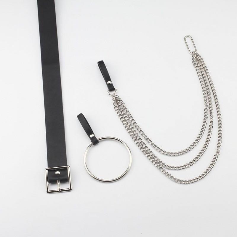 Versatile Minimalist Black Pu Buckle Belt With Chain And Ring For Adults Young