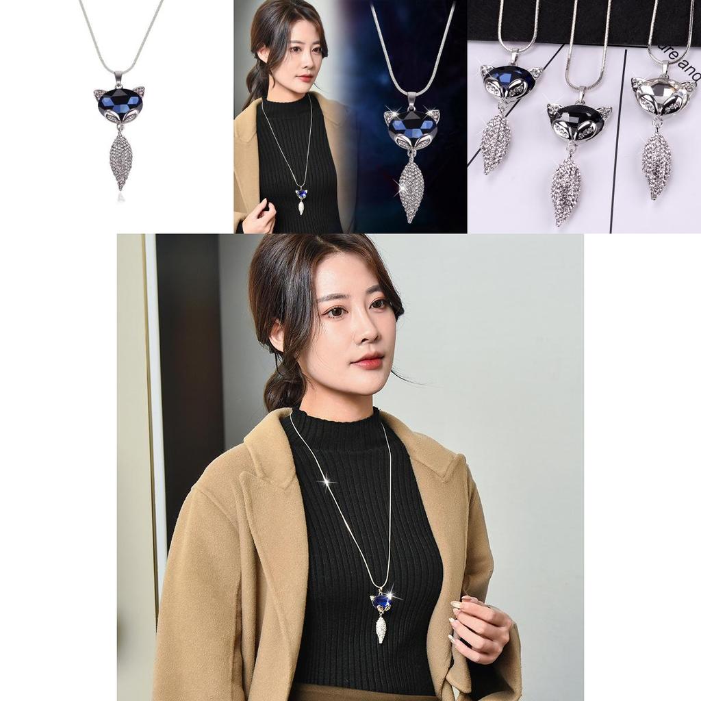 Stylish Womens Fox Charm Sweater Chain Necklace With Sparkling Crystal Accents And Alloy Material