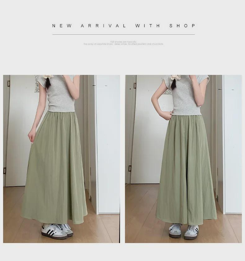2025 Summer Women's Blue A-Line Pleated Midi Skort with High Waist and Wide-Leg Design