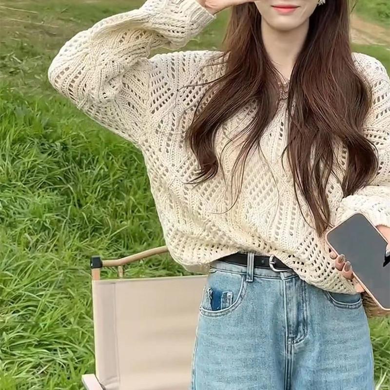 Spring and Summer Hollow Versatile Diamond Knitted Sweater Women Loose and Thin Lazy Long-sleeved Pullover Sweater Women