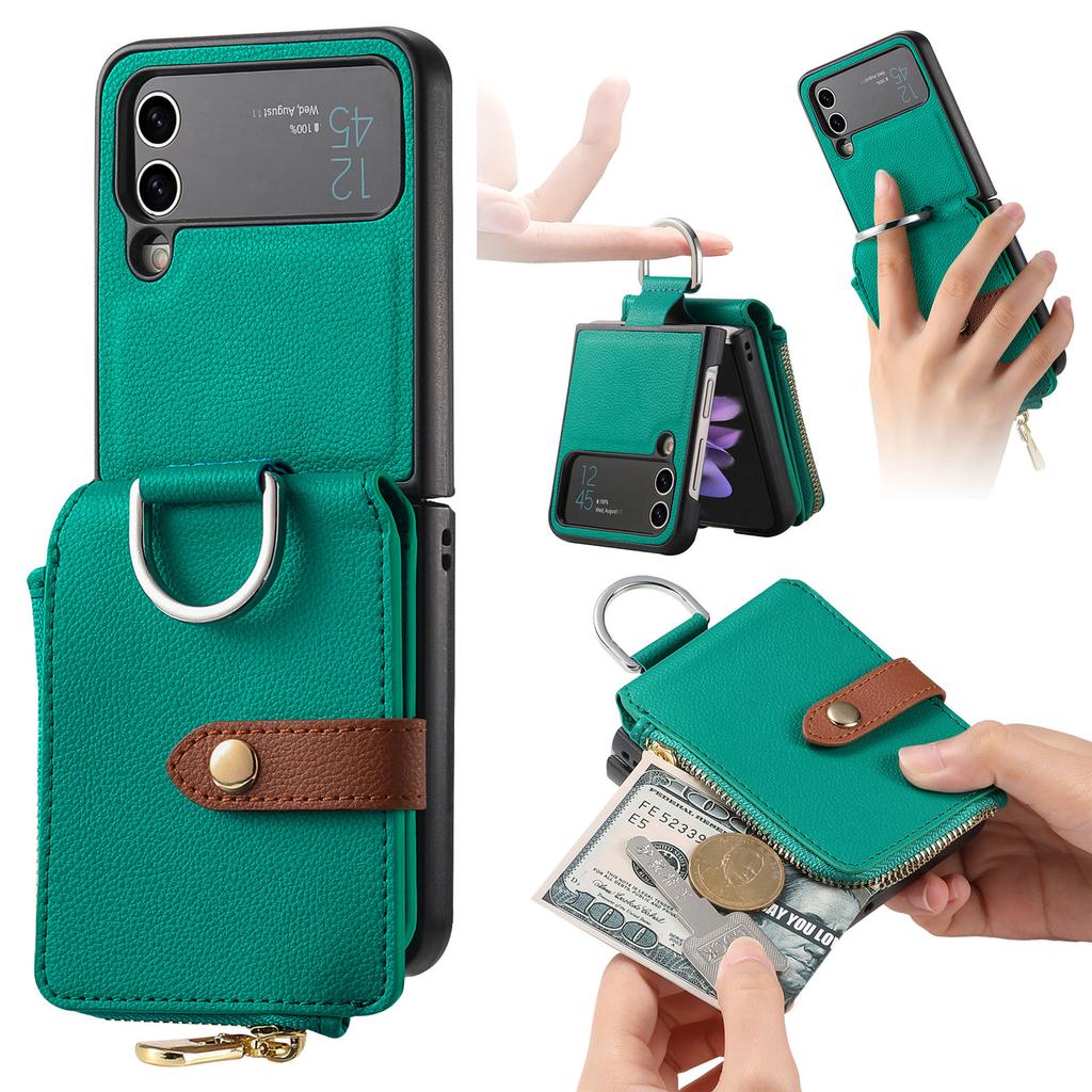 Vertical Zipper Cards Solt Wallet Leather Case for Samsung Z Flip 5 4 3 5G Stand Shockproof Flip5 Purse Ring Holder Pocket Cover