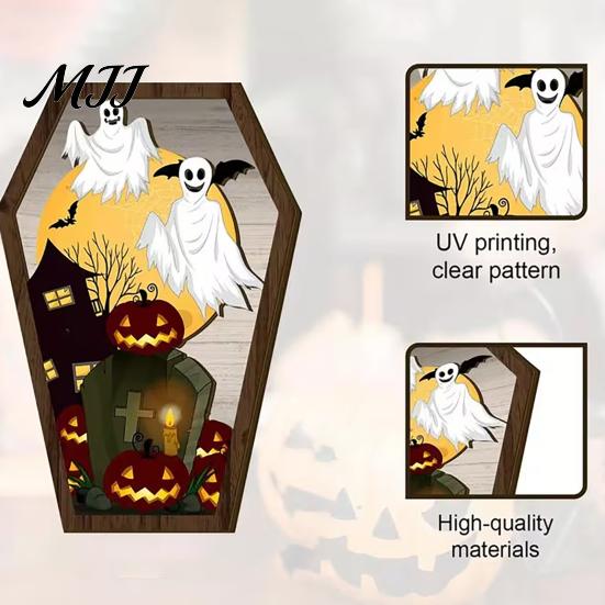 Halloween Desktop Decoration Wooden Tombstone Shaped Table Block Sign Spooky Ghost Pumpkin Home Decor Bat Castles Tiered Tray Centerpiece for