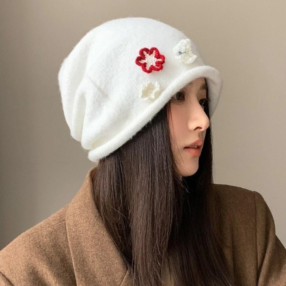 Flower Design Knitted Bucket Hat Korean Style Beanie Hat Sweet Warm Cap  Winter