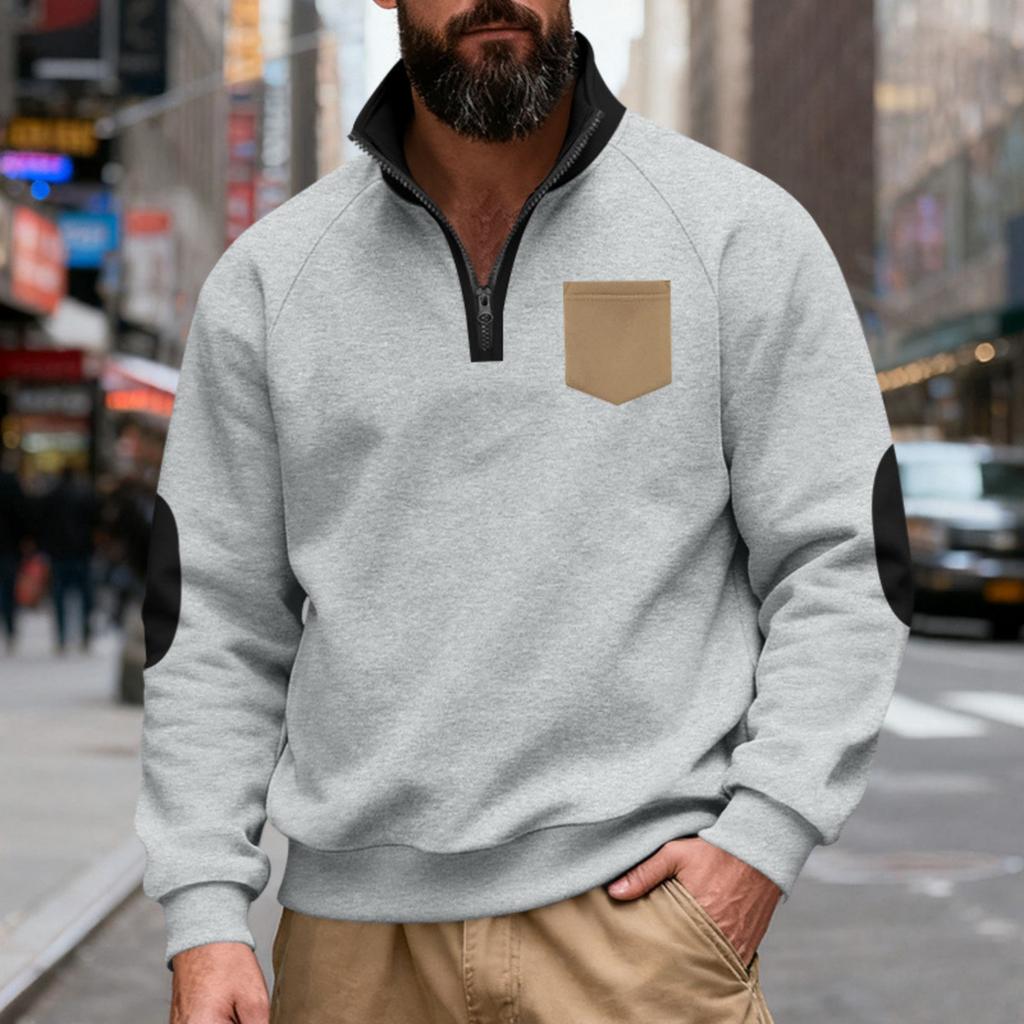 Men's Loose And Casual Two-color Fleece Stand-up Collar Pullover, Half-zipper Long-sleeved Sweatshirt