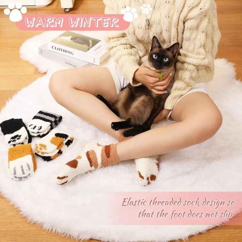 1-20Pairs Cute Cat Paw Floor Socks Coral Velvet Thickened Fleece Mid-calf Socks Warm Indoor Socks for Women Fall Winter Wear