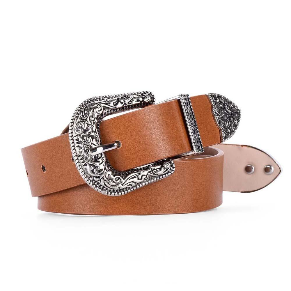 Cool Carved Buckle Belt Wide PU Vintage Waistband Fashion Double Buckle Waist Belt  Couple