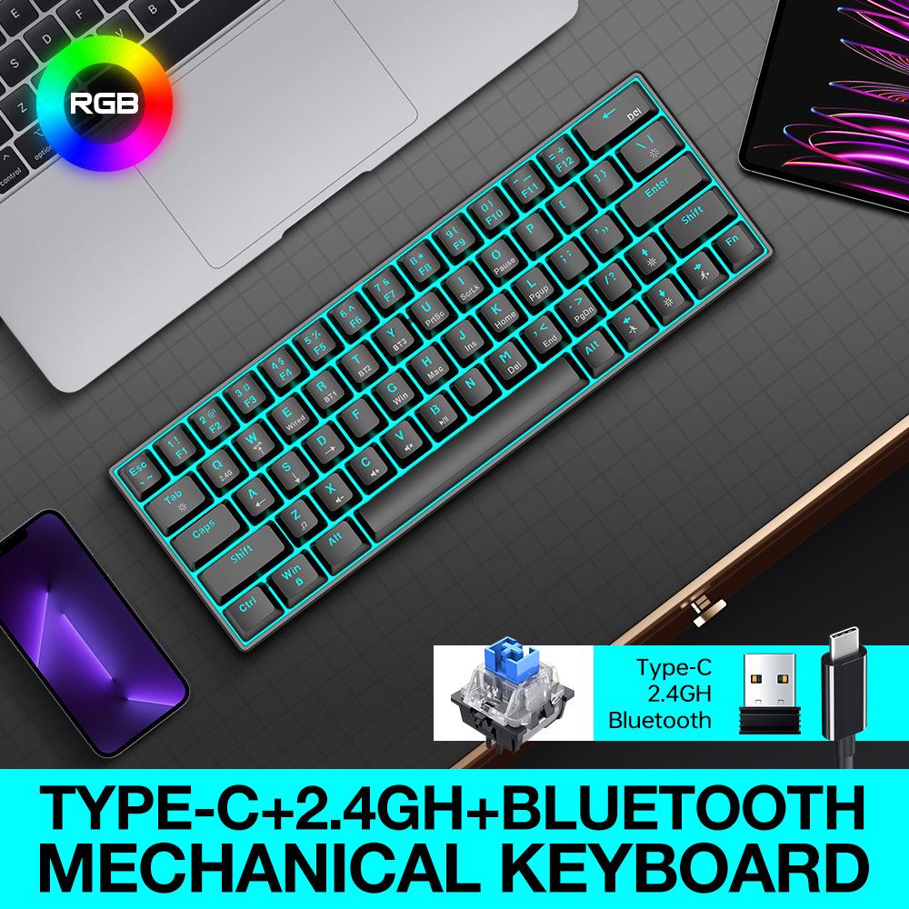 T-WOLF T30 Wireless RGB Mechanical Gaming Keyboard - Bluetooth, Three Modes, Blue Switches