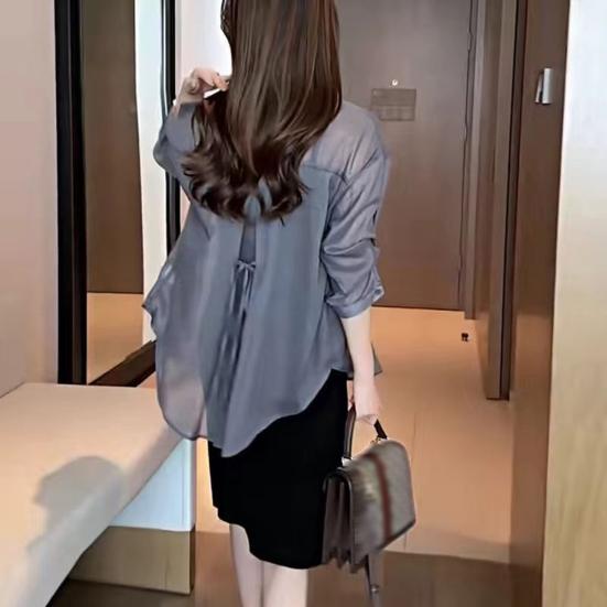 Women Sun Protection Shirt Lapel Long Sleeve Back Lace-up Chiffon Tops Solid Color Single Breasted