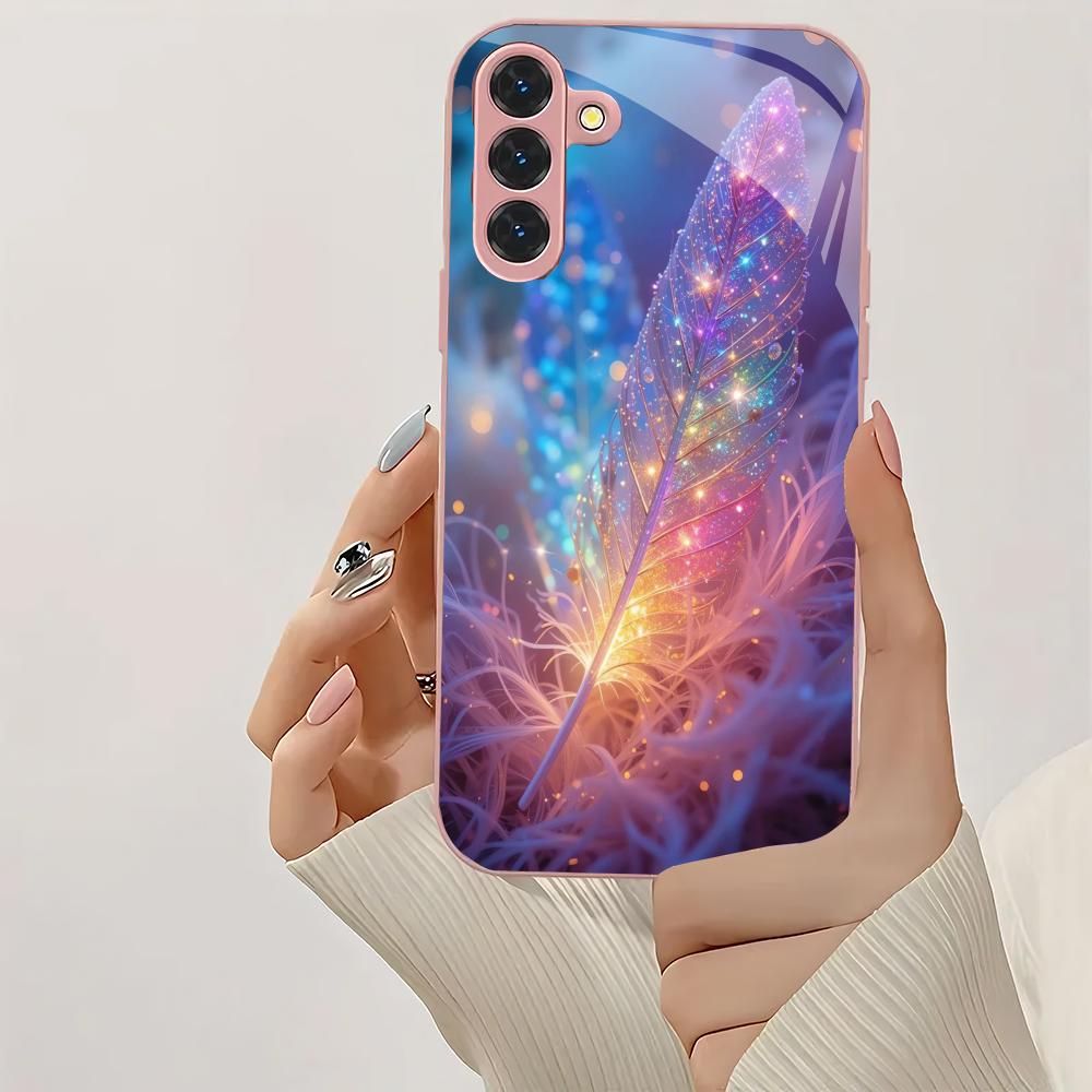 Colorful feather patterned glass phone case suitable for Samsung Galaxy S26 S25 S24 S23 S22 S20 FE/Ultra/Plus shockproof