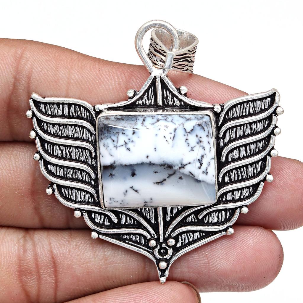 Opal Pendant Gemstone Silver 2.5" Jewelry  Dendritic Handmade Ethnic