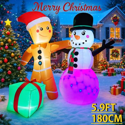 5.9FT LED Inflatable Yard Decor Gingerbread Man Snowman Toy Xmas Home Decorations Ornaments Supplies Gifts Christmas Holiday
