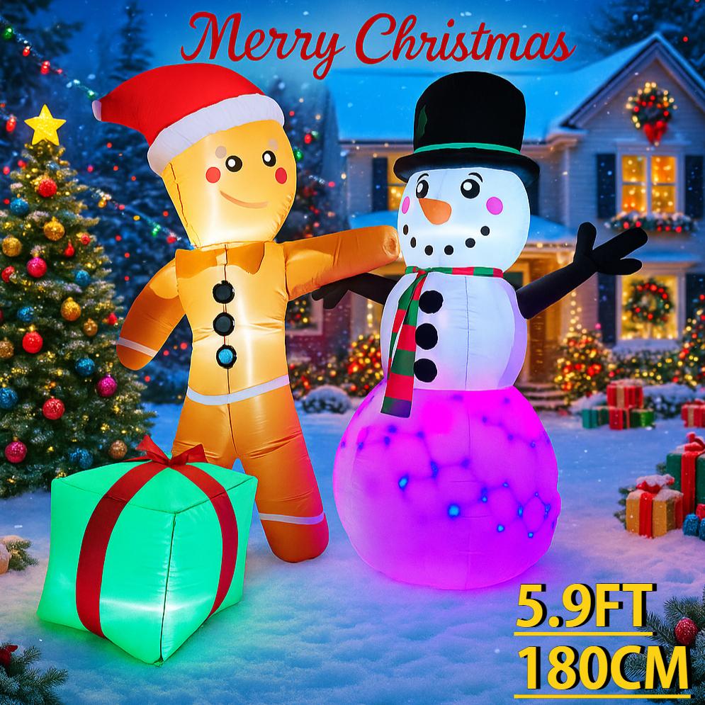 5.9FT LED Inflatable Yard Decor Gingerbread Man Snowman Toy Xmas Home Decorations Ornaments Supplies Gifts Christmas Holiday