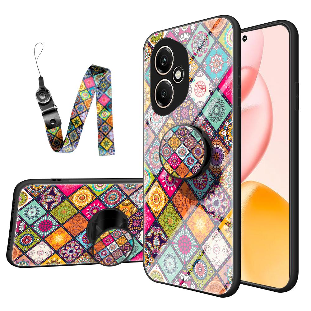 For Honor 400 5G (Global) Case Kickstand Ethnic Pattern Tempered Glass Phone Cover with Strap