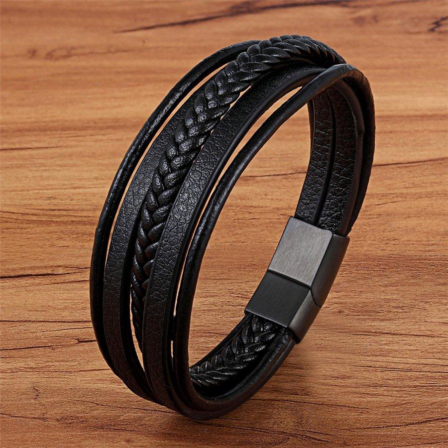 Trendy Men Jewelry Popular Black Color Genuine Leather Bracelet Multi-layer Design Charm Cuff Bangle for Handsome Boy Gift 19cm