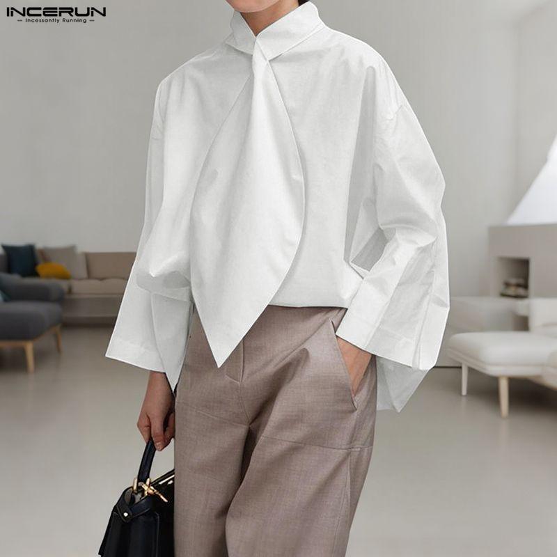 INCERUN Oversized Men Stand Neck Tie Up Long Sleeve Casual Loose Shirts