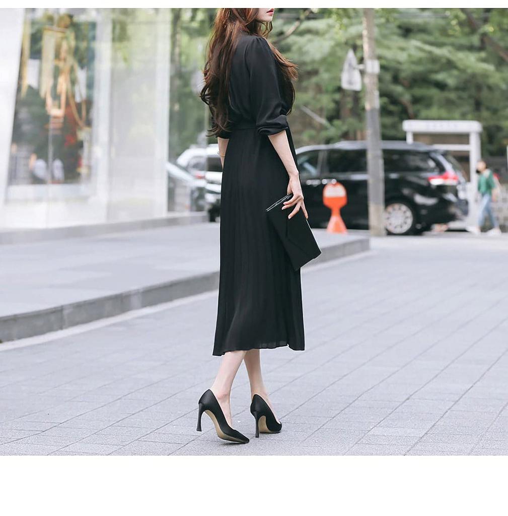 Autumn and Winter Long Sleeve Pleated Dress Fashion Plain Button Closure Long Dress with Waistband and Belt [JINJUDUO] Women's (Black, M)