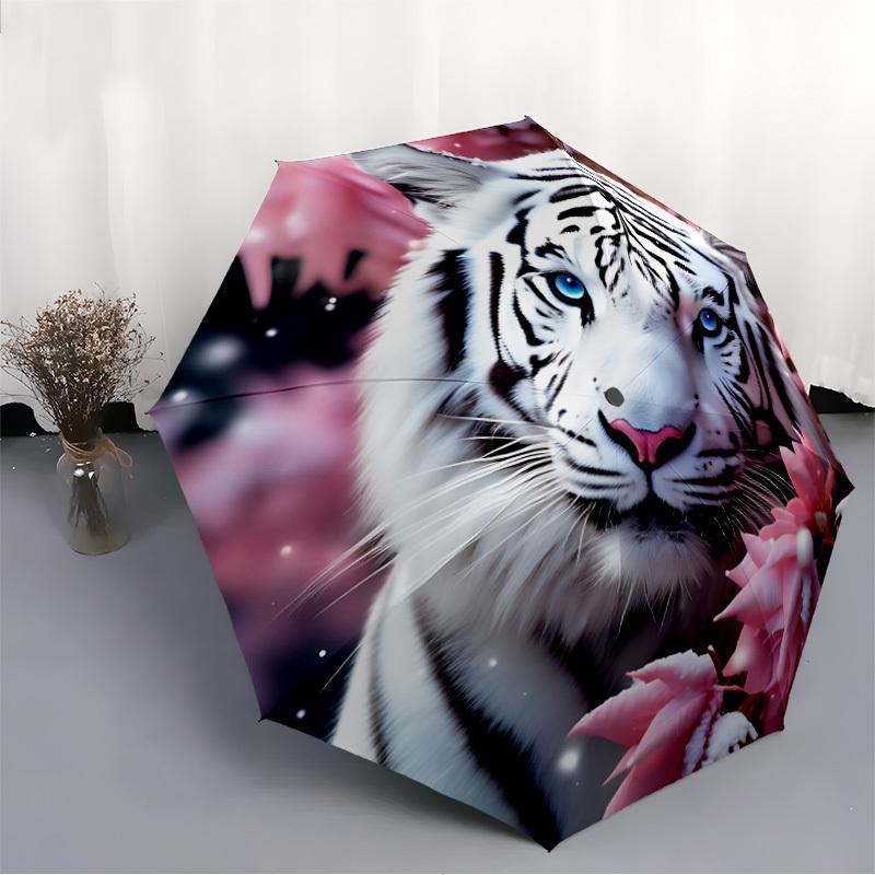 1pc White Tiger Print Automatic Open/Close Umbrella - Portable Collapsible Umbrella with 8-Rib Stability, Fashion Lovers yy251017200