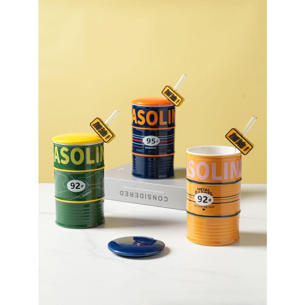 Creative Oil Tank Mug Personalized Ceramic Cup Funny Water Cup Couple Cup Large Capacity with Lid with Straw Gift