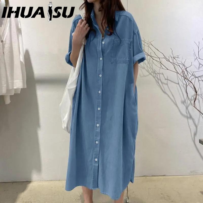

IHUASU Женская мода лето весна сплошной цвет печати короткий рукав ПОЛО шеи Высокая талия повседневные платья XXXXXL светло-синий