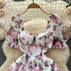 Socialite Square Collar Puff Sleeve Chiffon Floral Dress