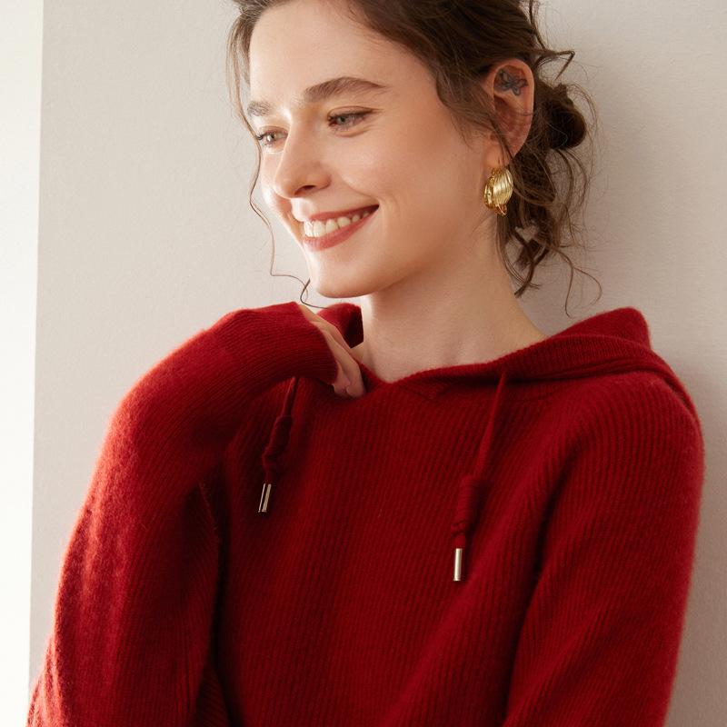 2024 Women's Autumn/Winter Cashmere Hooded Ribbed Sweater with Drawstring, 12 Gauge Knit