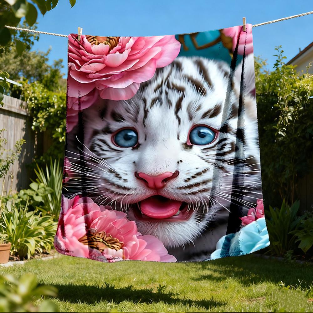 1pc Tiger Flowers Throw Blanket Polyester Fiber, Lightweight Flannel, Soft & Warm, All Season Use for Outdoor, Camping Digital Print