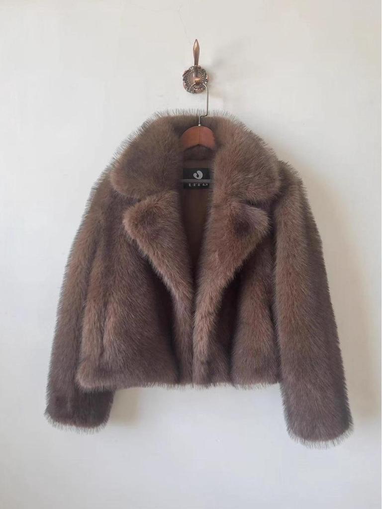 Women's Faux Fur Short Coat with Turn-Down Collar - Casual Versatile Street Style