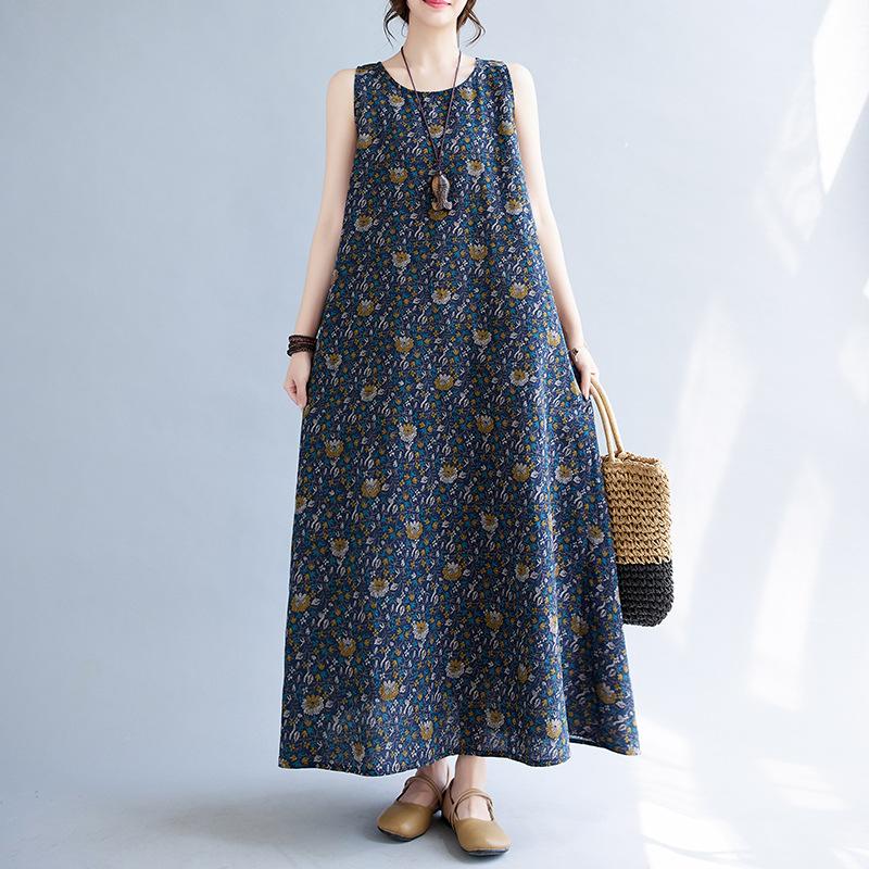 Sommer Baumwolle Leinen Künstlerisch Lockerer Druck Retro Floral Ärmelloses Westenkleid für Frauen