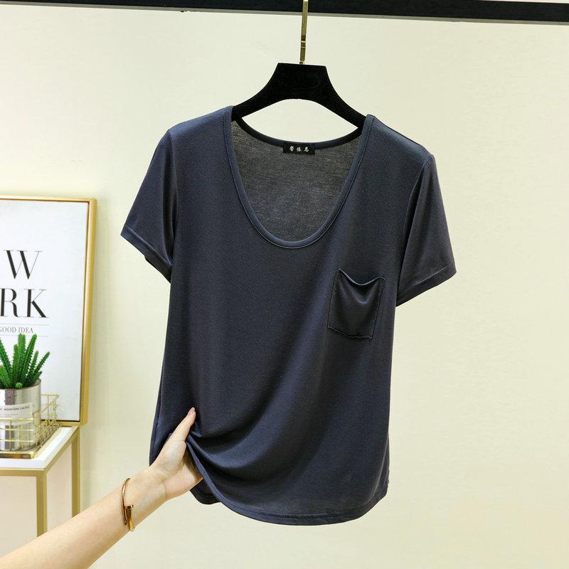 Women's U Neck T-Shirt 2026 Summer Modal Basic Short Sleeve Tshirts Loose Fit Relaxed Casual Tee Tops Solid Pocket Tees