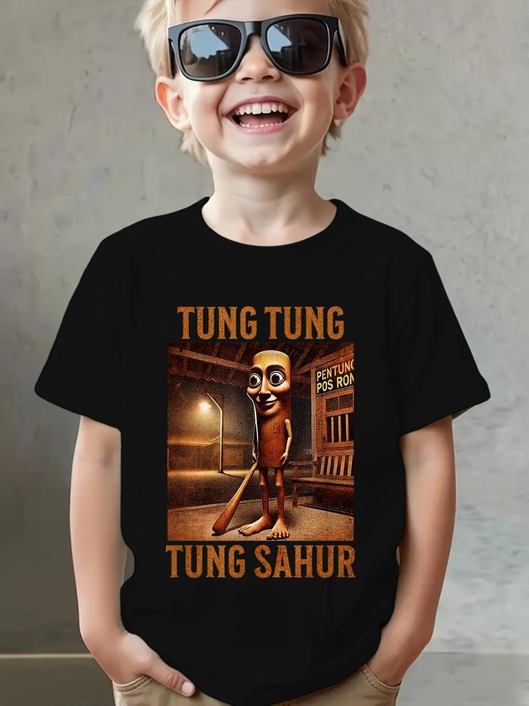European sizes Boys Summer Short Sleeve T-Shirt with TUNG TUNG Sahur Cartoon Stick Figure Print Casual Round Neck Tee Suitable