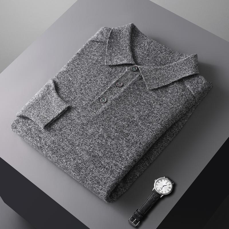 Autumn/Winter Pure Cashmere Sweater For Men, Polo Collar, Thickened Warm, Long Sleeve Pullover, Lapel Wool Knit Base Layer