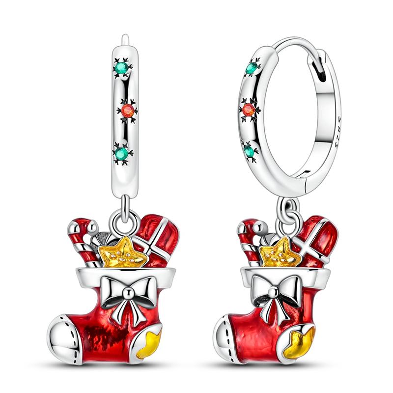 Red Series Original 925 Sterling Silver Snowflake Christmas Hoop Earrings For Women Wedding Christmas Festive Jewelry Gift