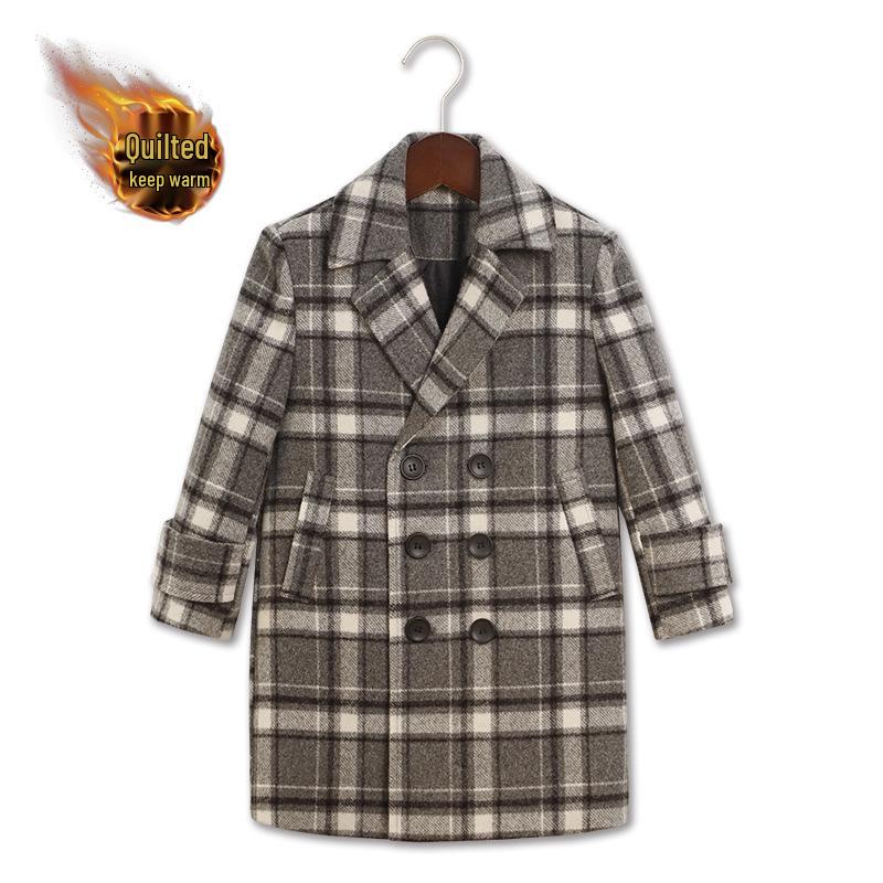 Boys' Wool Blend Plaid Overcoat with Suit Collar - Quilted, Warm, Mid-Length Trench for Autumn/Winter