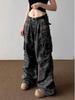 Unisex Tarnfarbene Weitbeinige Jeans mit Mehreren Taschen und Plisseé-Design
