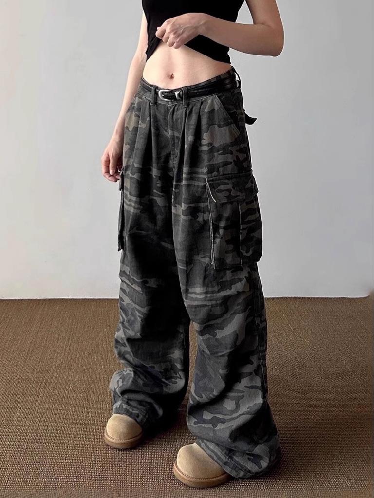 Unisex Tarnfarbene Weitbeinige Jeans mit Mehreren Taschen und Plisseé-Design