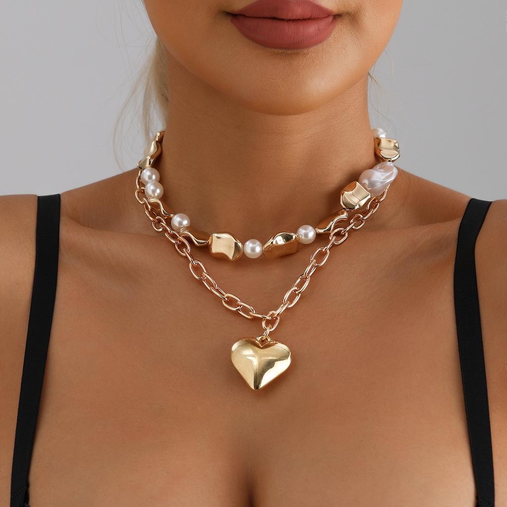 Women Imitation Pearl Heart Collarbone Chain Necklace Gold Plated Colar Choker