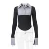 Official Ladies Stripe Print Patchwork Shirts Fashion Polo-neck Button Skinny Crop Tops Elegant Shirts