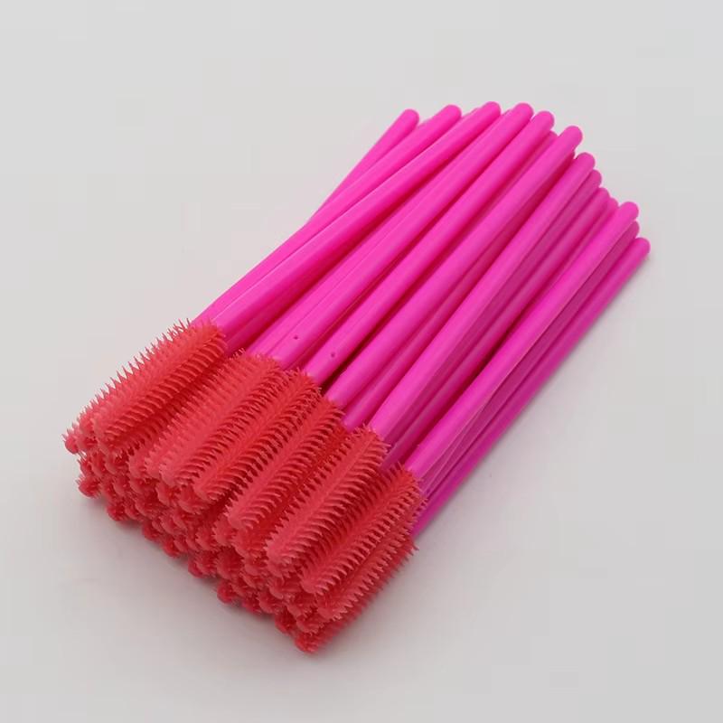 Disposable Beauty Tools Set: 50 Silicone Brushes - Rose Red Handles for Eyelashes, Eyebrows, and Makeup.